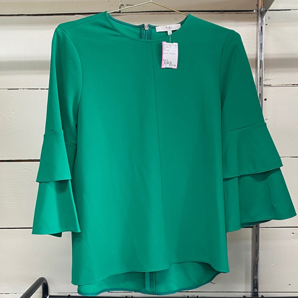 Tibi Emerald Ruffle Sleeve Blouse